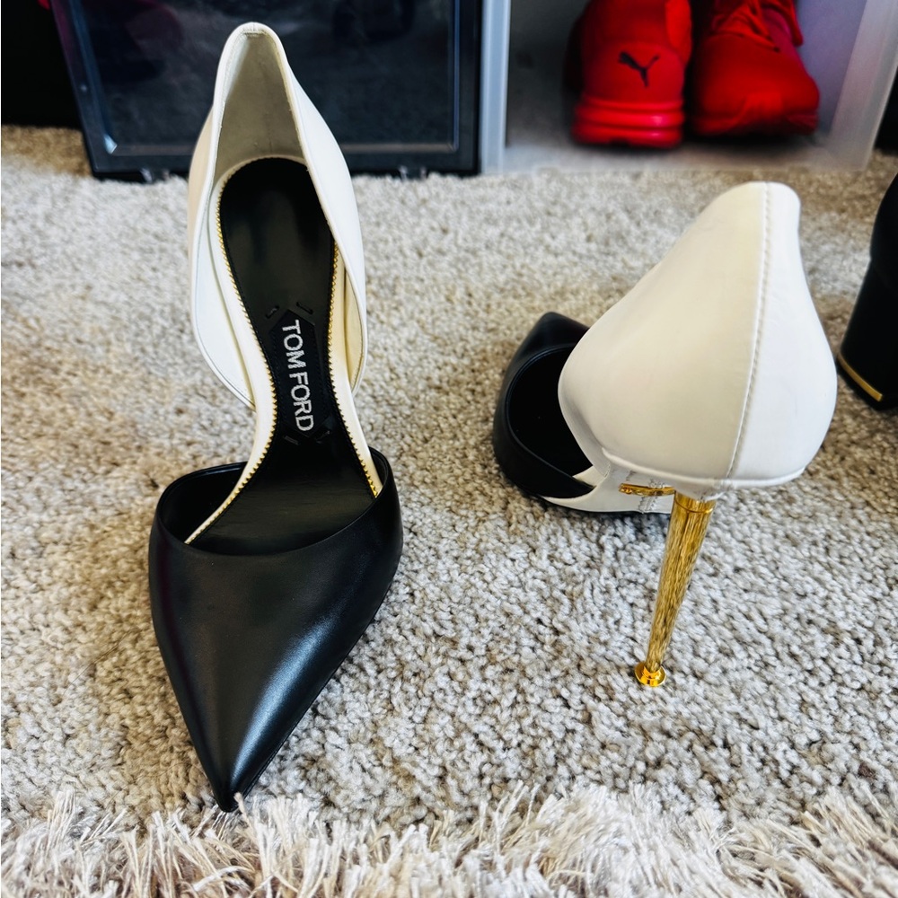Tom Ford Two-Tone Black and White Heels with Gold Stiletto